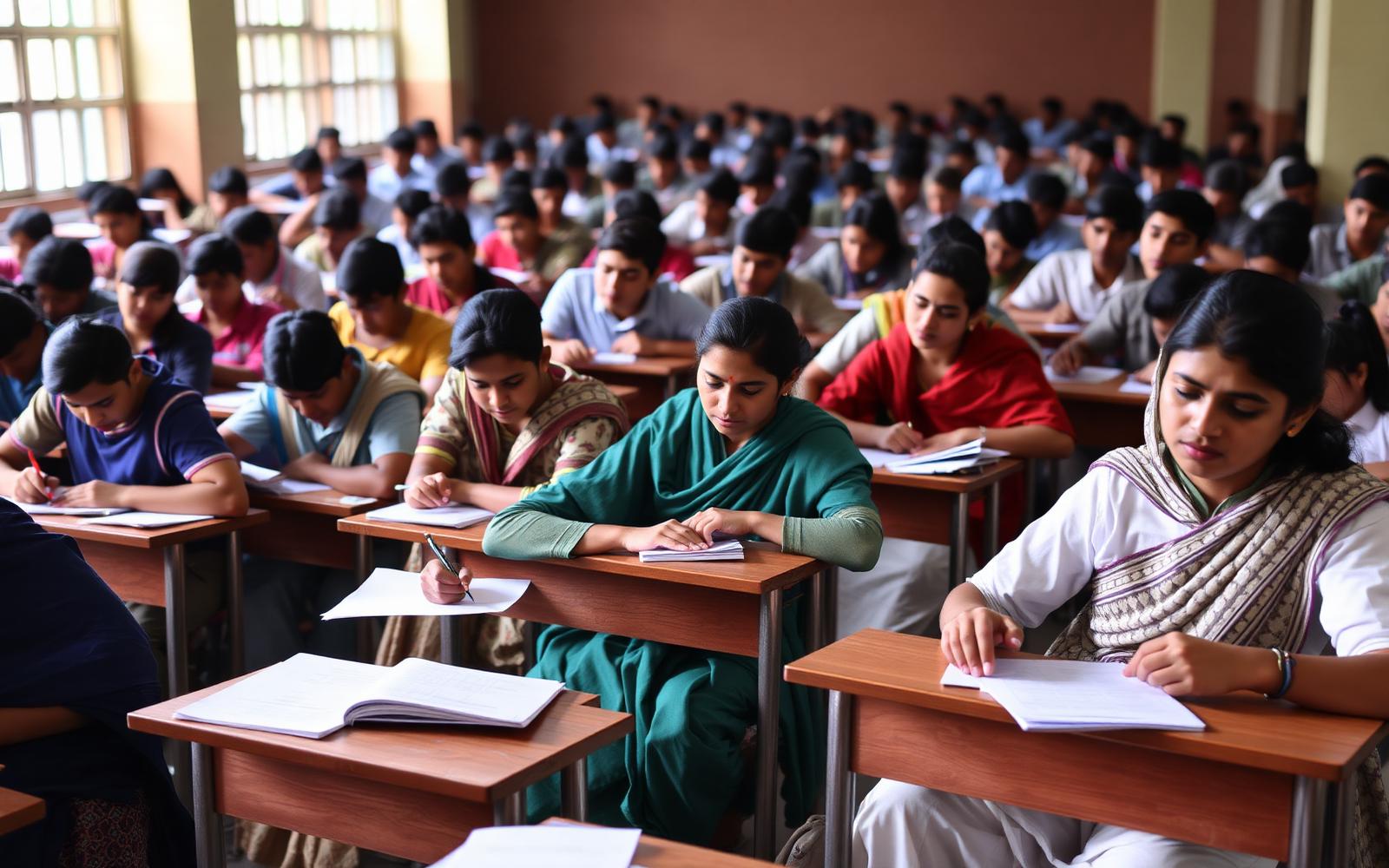 Indian students appearing for a government competitive exam in a large exam hall
