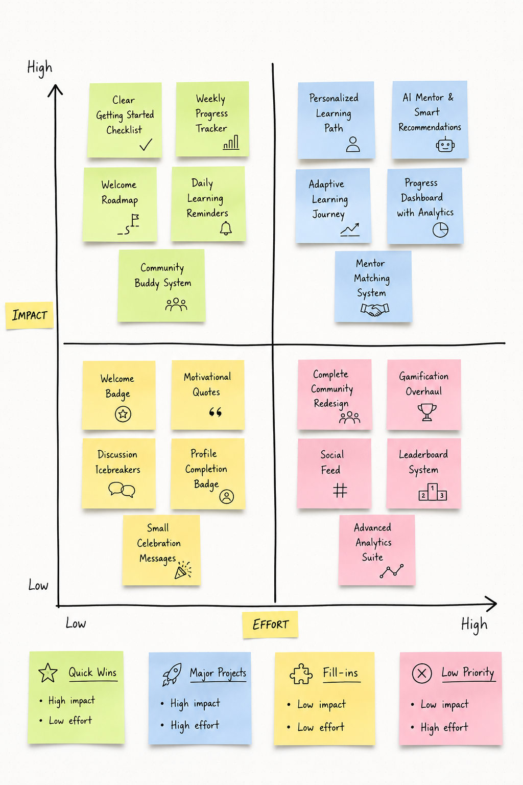 Impact vs. effort matrix — photo from the team ideation workshop for the Decoded DFC onboarding redesign
