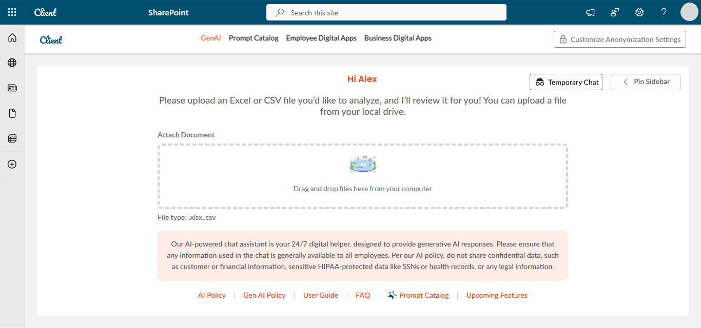 Excel Analyzer interface screen from the enterprise Gen AI Assistant toolkit