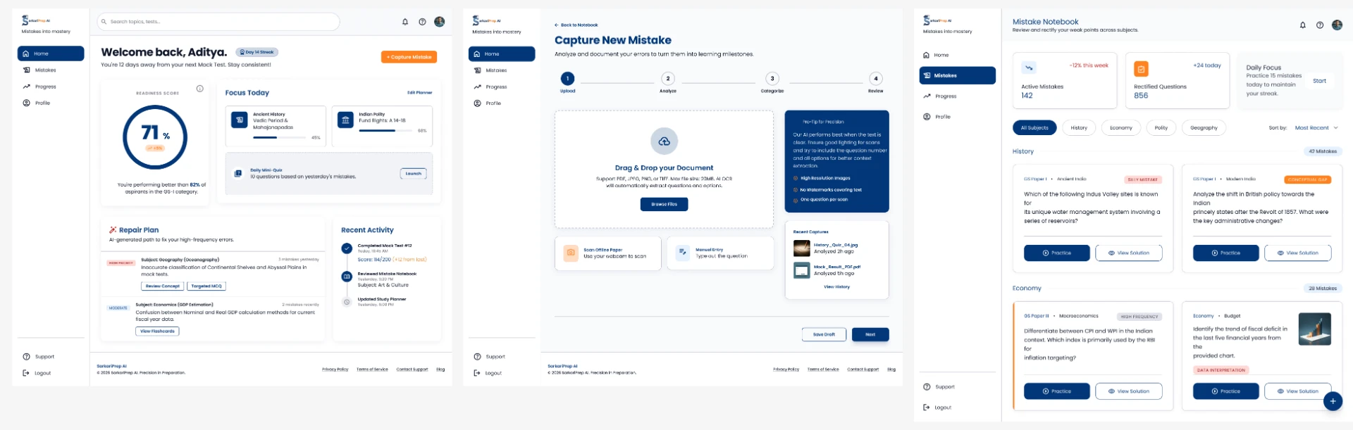 SarkariPrep AI web screens — dashboard, capture mistake and mistake notebook
