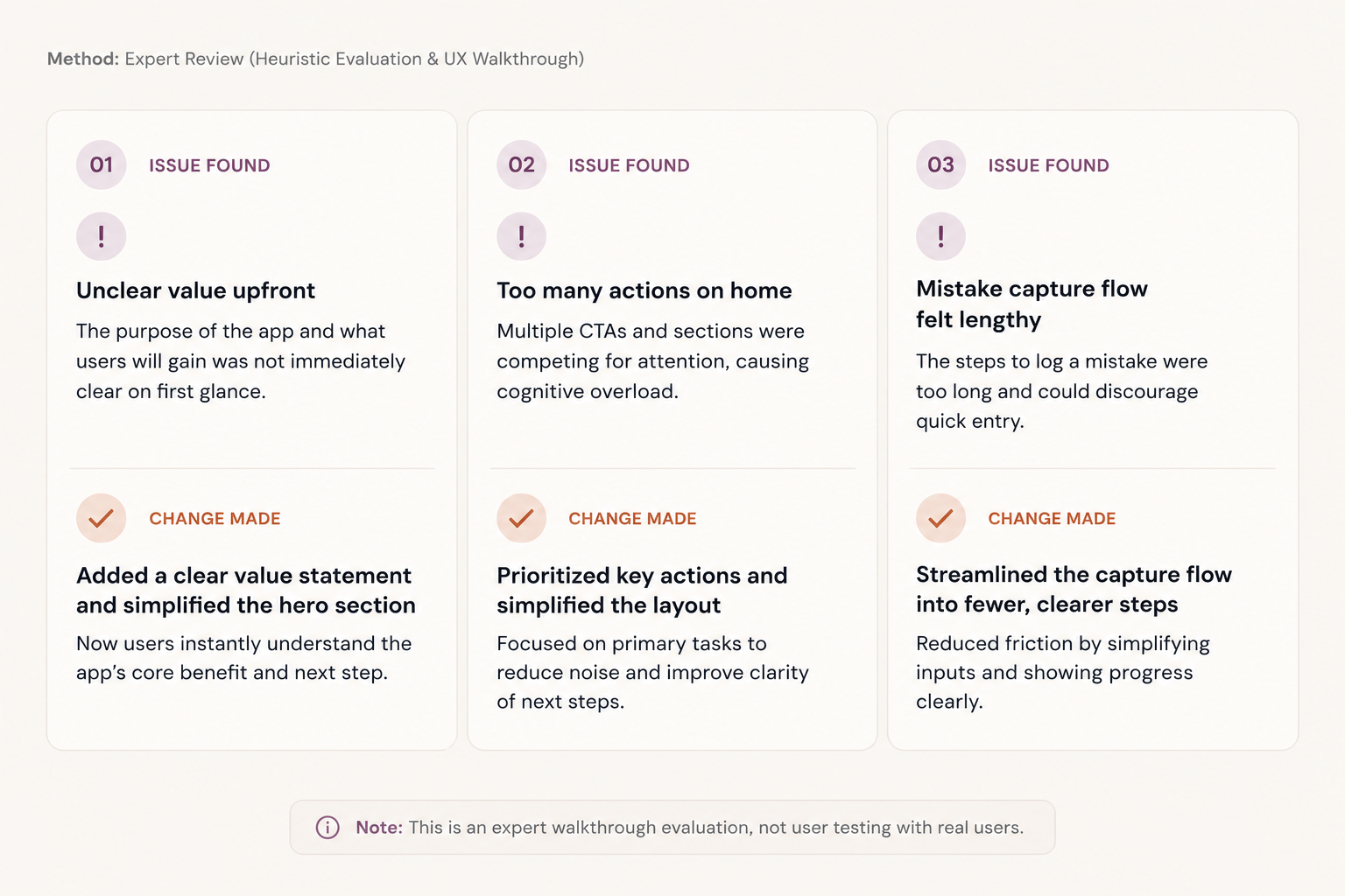 Expert review summary — three issues found during heuristic evaluation and the changes made in response