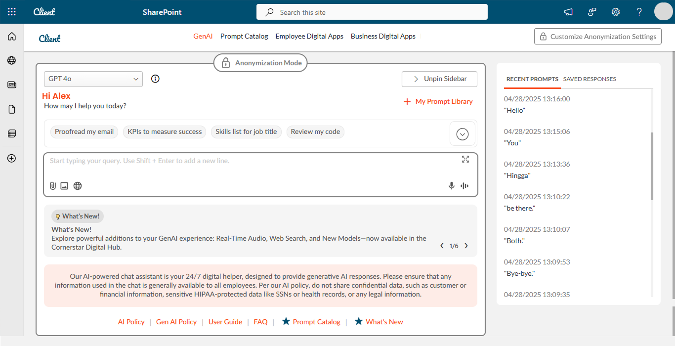Anonymization mode surfaced within the GenAI experience