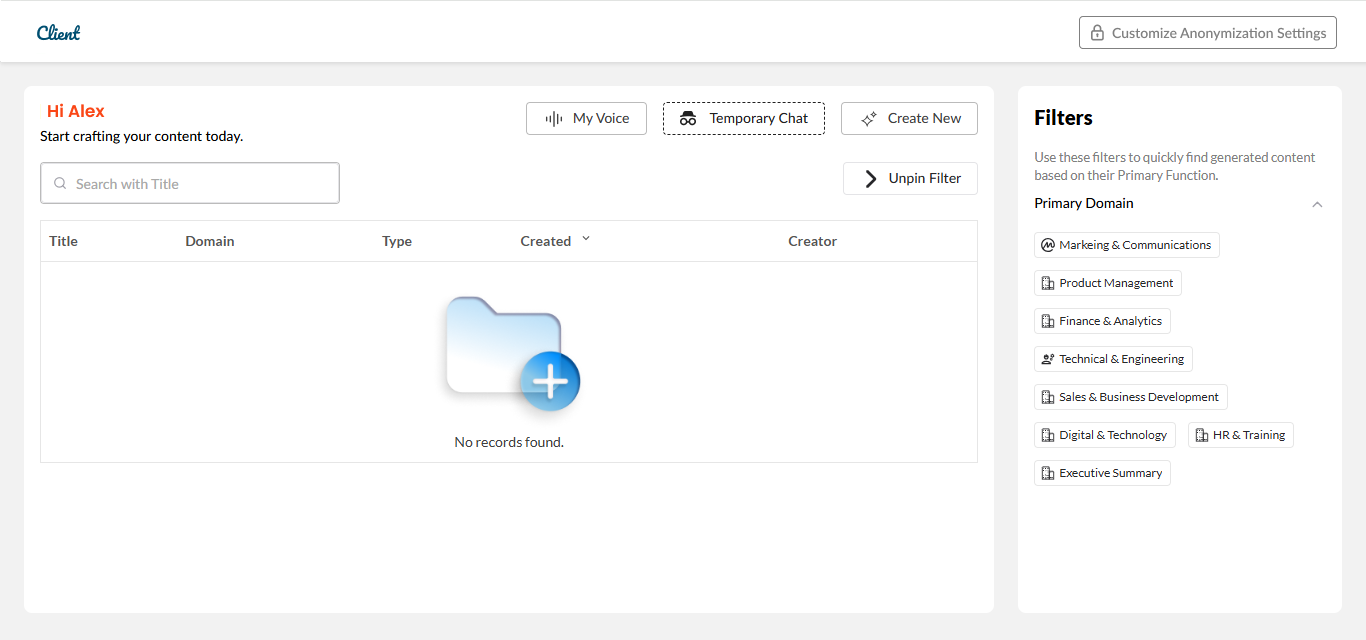 Content Assistant interface screen from the enterprise Gen AI Assistant toolkit