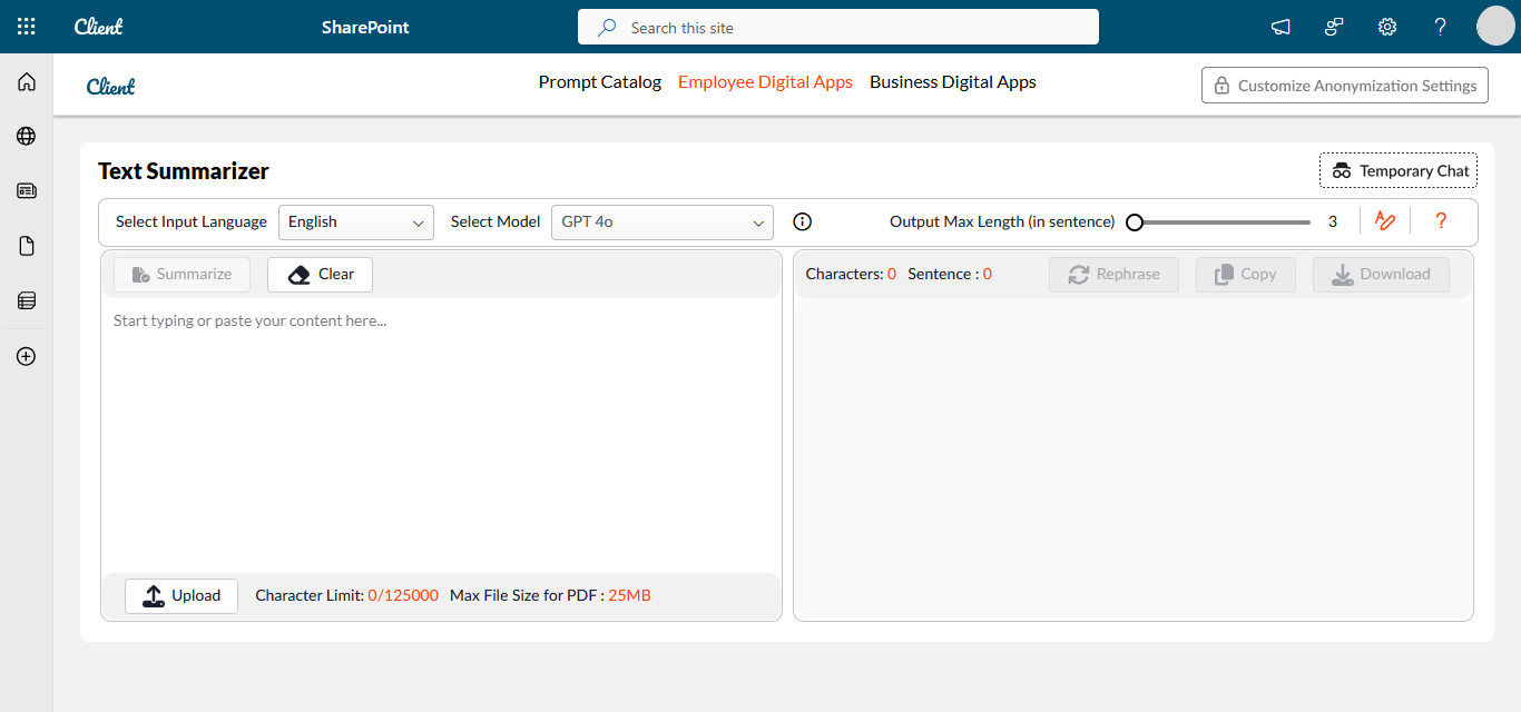 Text Summarizer interface screen from the enterprise Gen AI Assistant toolkit