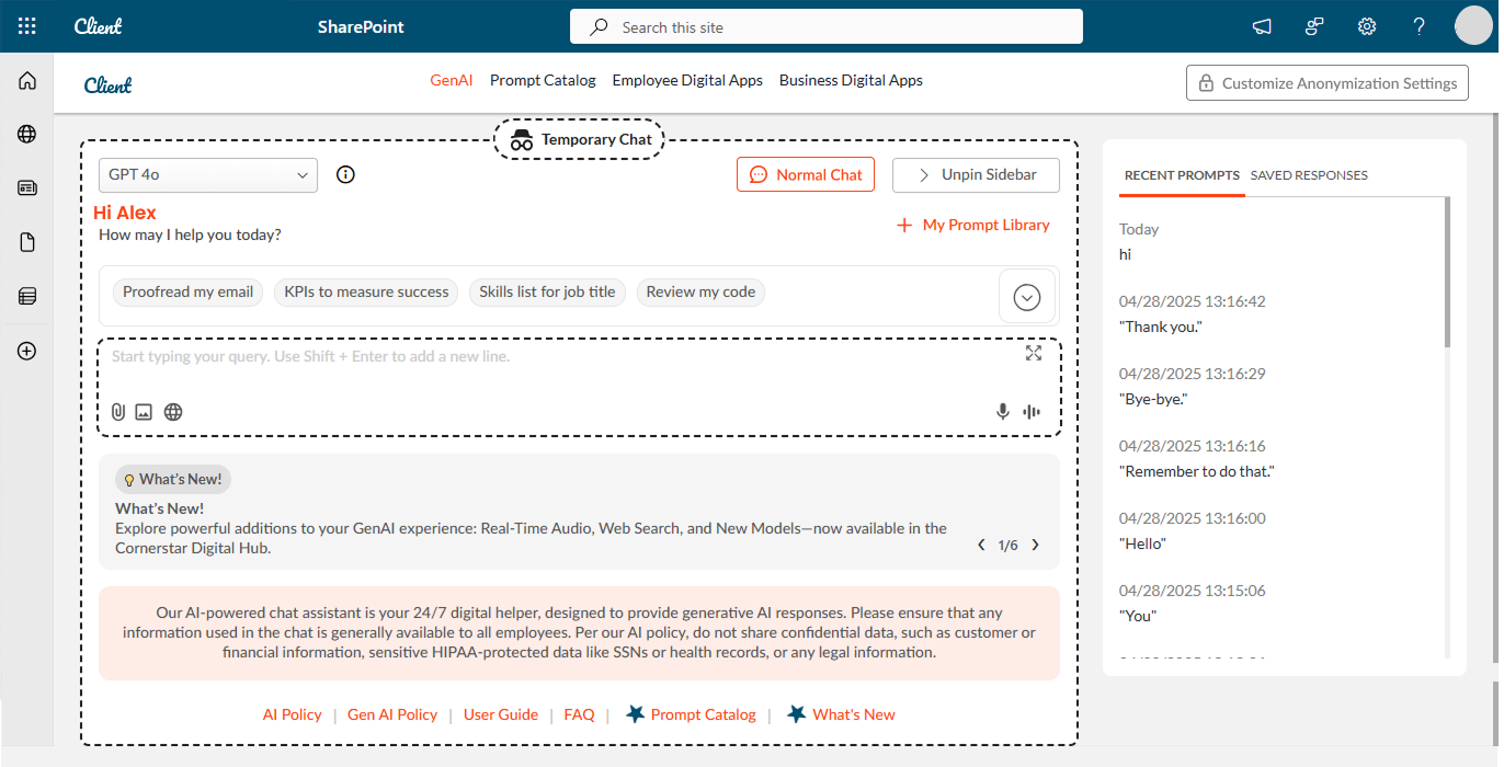 Temporary Chat interaction showing privacy and anonymization controls