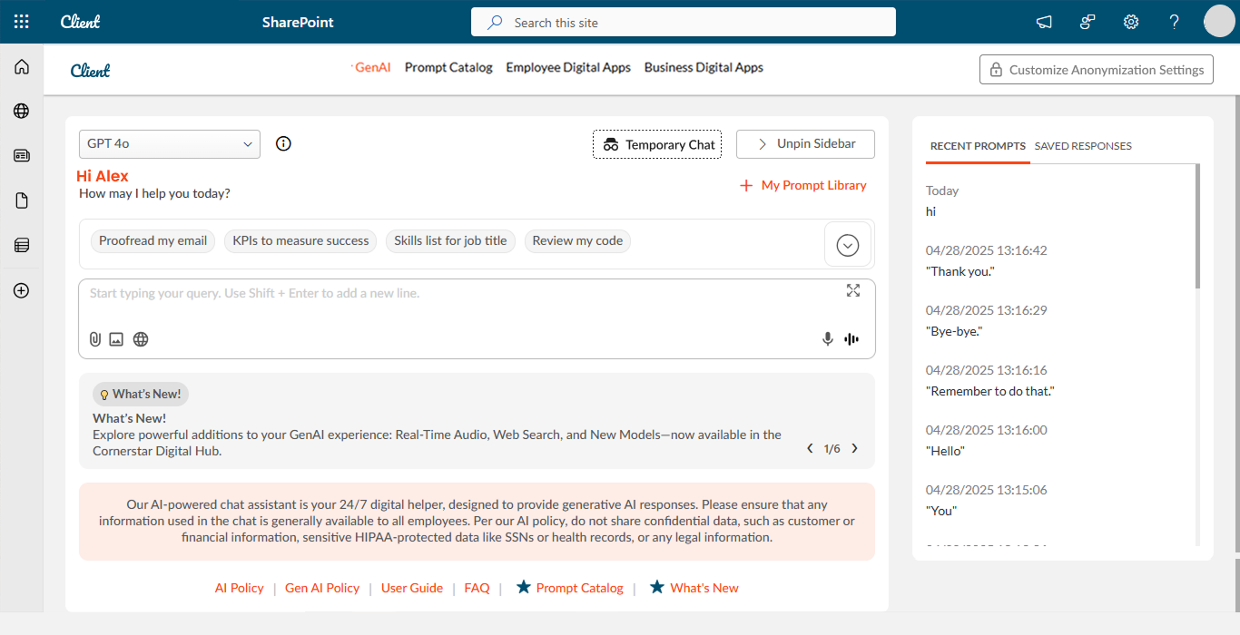 GenAI Assistant dashboard within the enterprise digital workplace