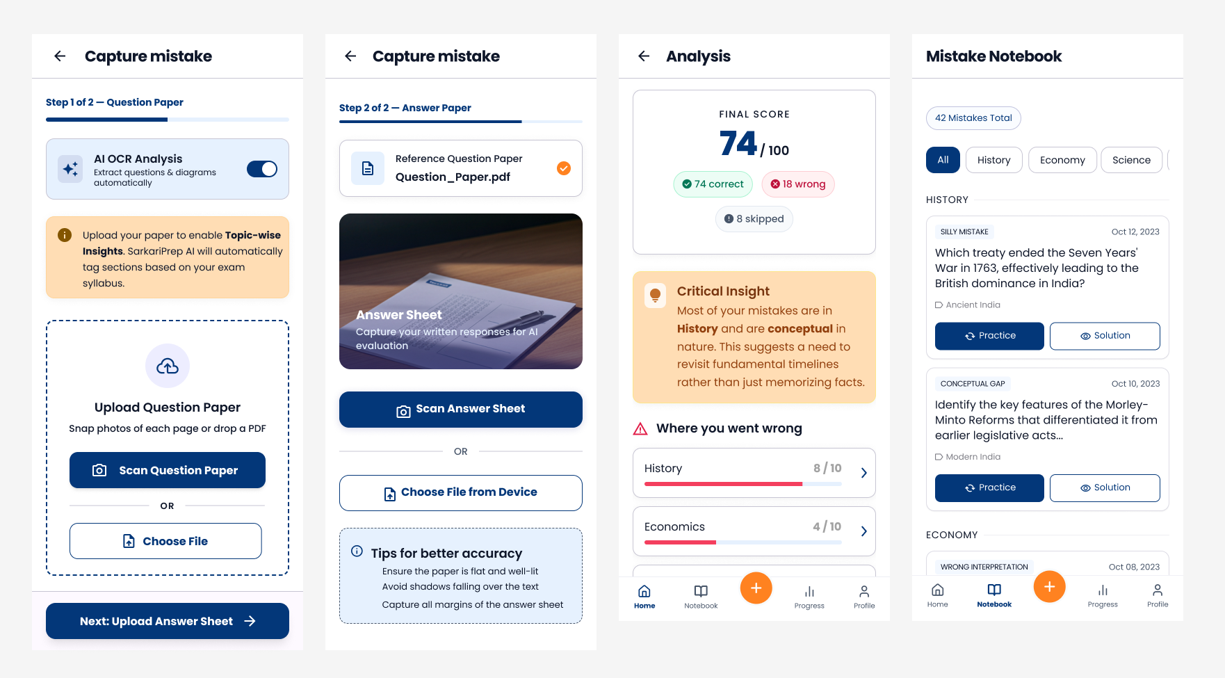 SarkariPrep AI mobile screens — capture, analysis and mistake notebook